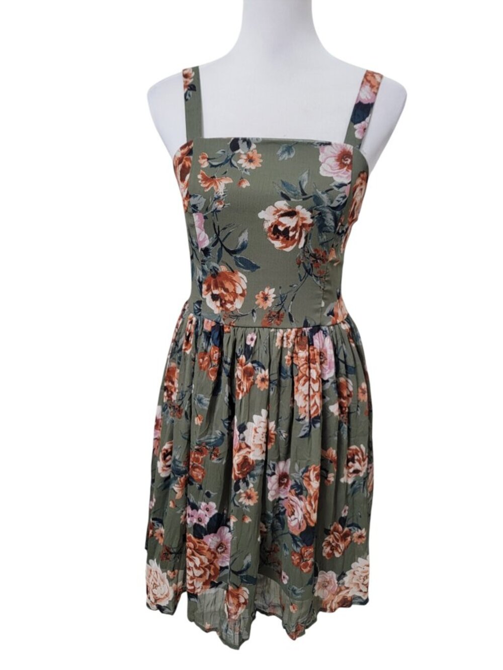 Xhilaration Size M Deep Olive Green with Floral Cami / Halter Midi Dress